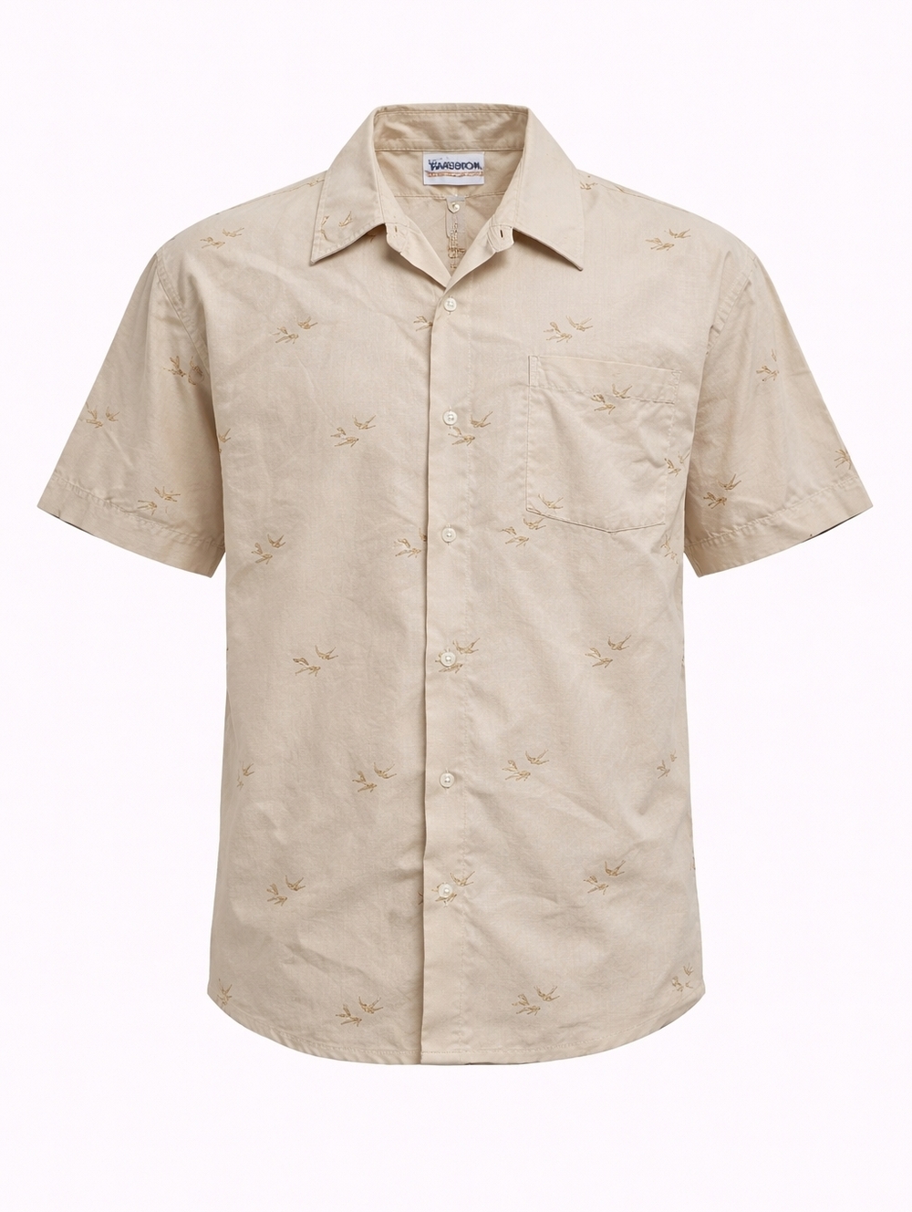Vintage 70's Beige‎ Short-Sleeve Button-Down Shirt with Bird Print